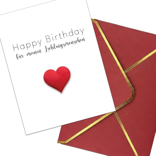 the lazy panda card company Geburtstagskarte „Happy Birthday für meinen Lieblingsmenschen“ mit rotem Stoffherz & rotem Umschlag mit Goldfolie
