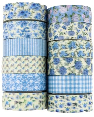 Padorul 12 Rolls Blue Hydrangea Washi Tape Set, Vintage Floral Decorative Tape for Scrapbooking, Journaling & Craft Supplies, 15mm Wide Aesthetic Tape for Planners & Gift Wrapping