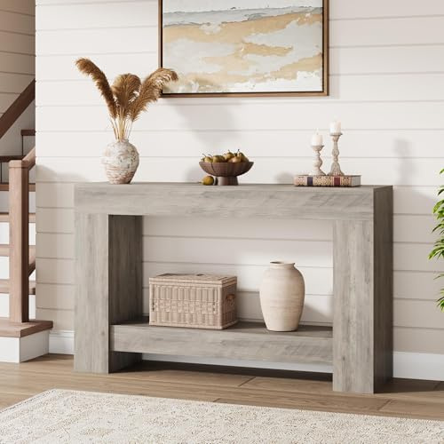 Garvee Landhausstil Konsolentisch – 2-stufig, platzsparend & dekorativ – Schmaler Flurtisch aus Holz mit Ablage – Beste für Wohnzimmer, Flur & Eingangsbereich – Grau – 1,2 Meter