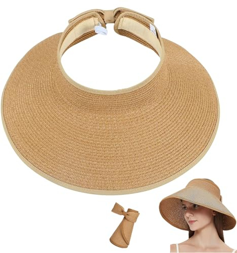 Cesujowaz Sun Hats for Women UK Straw Visor Hat Wide Brim Sun Hat Women Foldable Travel Straw Hat Women with UPF50+ UV Protection Summer Sun Visors for Women Khaki Beige