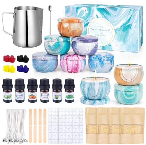 Kerzen Selber Machen Set, Kerzenherstellung Kit, Duftkerze Geschenke Set mit 480g Bienenwachs,9 Kerzendosen 6 Duftöl,8 Farbblöcken,Wachsschmelztopf, Candle Making Kit für Erwachsene und Anfänger