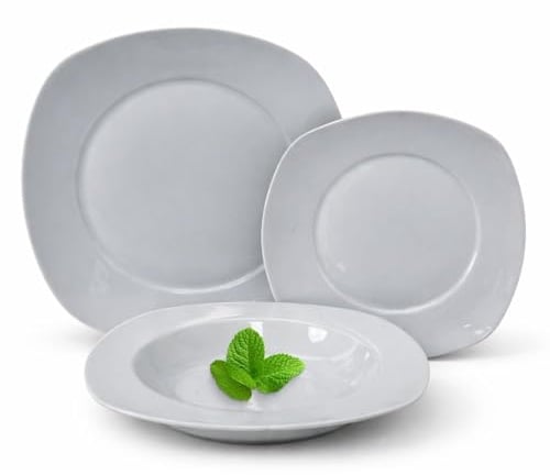 Cecaro Group Servizio Piatti 18 Pezzi in Ceramica Bianca Quadrata – Set per 6 Persone con 6 Piatti Piani, 6 Piatti Fondi e 6 Piatti Dessert – Moderni, Resistenti
