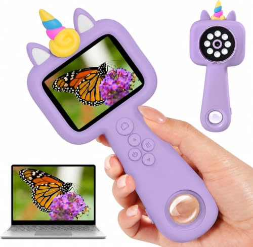 2,4'' IPS Bildschirm Mikroskop für Kinder, 600X Vergrößerung Tragbares Digitales Handmikroskop, 1080P Mikroskop with 8 LED Lights - Anschluss an PC, Handy für 3-12 Jahren Garten Spielzeug (Lila)