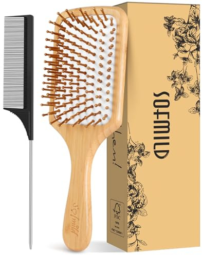 Hair Brush-Natural Wooden Bamboo Brush and Detangle Tail Comb, Paddle Hairbrush for Women Men and Kids Make Thin Long Curly Hair Health and Massage Scalp
