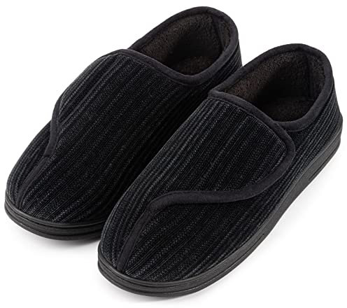 LongBay Men's Memory Foam Diabetic Slippers Comfy Warm Plush Fleece Arthritis Edema Swollen House Shoes Black, 8 UK