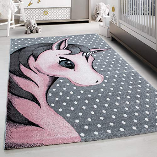 Teppium Kinderteppich für Jungen und Mädchen Einhorn Muster 160 cm Rund Pink - Kurzflor Waschbarer Teppich Extra Weich und Antiallergen - Teppich für Kinderzimmer, Babyzimmer und Spielzimmer