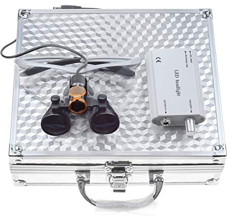 BoNew 3,5 x chirurgische Fernglas-Lupen, optisches Glas + 5 W LED-Scheinwerfer, leistungsstarkes Licht mit Filterclip-Typ + Aluminium-Box (silberfarben)