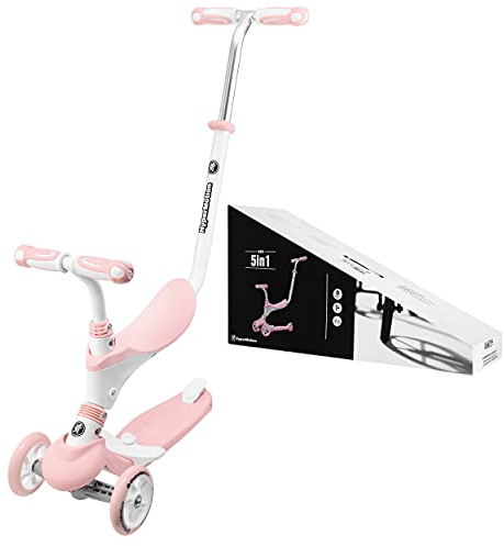 HyperMotion Draisienne Trottinette Enfant 1 à 5 Ans Tricycle Bébé Évolutif Modulable 5 en 1 | Poussoir Réglable, Repose-Pieds, Siège, Guidon Réglable - Rose
