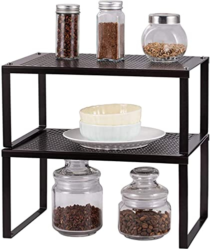 HAITRAL 2-Pack Stackable Spice Rack Organizer - Adjustable Kitchen Cabinet Shelves, Cupboard Organisers - Rustproof Metal Storage Organizer for Spices, Cans, Jars - Fits Countertop, Pantry (Brown)