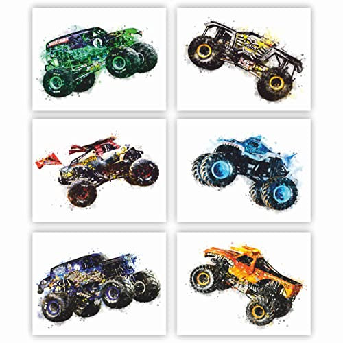 Monster-Truck-Poster für Jungenzimmer, 6 Stück, Wandkunst (ungerahmt, 20,3 x 25,4 cm), Trucks-Poster für Jungen, Auto-Poster für Jungenzimmer, Kinderzimmer, Wandkunst, Auto-Poster