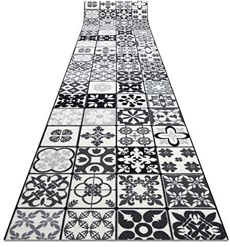 rugsx Tapis de Couloir AZULEJO Patchwork, Lisbon Tiles antidérapant, pour la Cuisine, Le Hall, Le Couloir, Solide, Moderne, Gris/Noir 67x180 cm