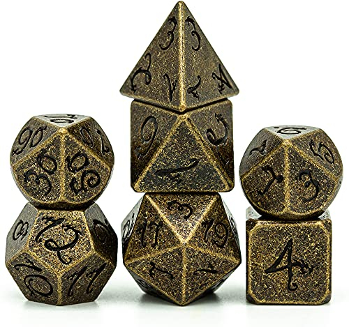 World of Dice Metallwürfel-Set Drachenwürfel - Rustikal - Pen & Paper Würfel-Set aus Metall, 7-teiliges polyedrisches Set, für Dungeons and Dragons, DSA, Cthulhu, UVM.
