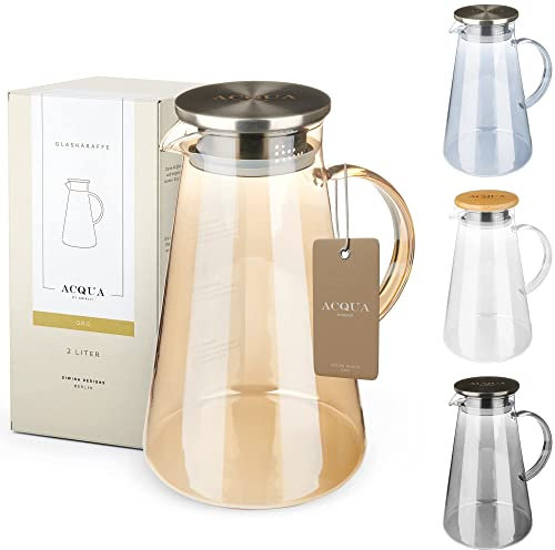 ACQUA DI AMALFI® Glaskaraffe | Wasserkaraffe 2 Liter mit Edelstahl/Bambus Deckel | Wasserkrug mit Fruchteinsatz | Auslaufsicher | Karaffe auch als Teekanne (GOLD/STEEL)