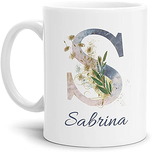 Tasse mit Buchstabe S und Blumen - mit Name personalisiert - Initiale, Namens-Tasse, Buchstaben Tasse, Geschenk I Keramik Weiß matt, 300 ml