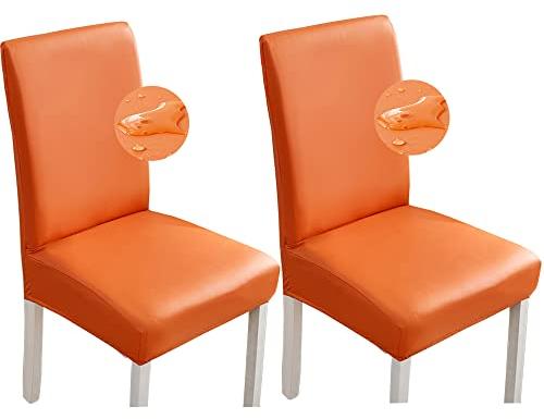 Bestenrose Stuhlhussen 2er/1er PU Leder Stuhlbezug wasserdichte Stretch Esszimmer Stuhlüberzug Stretch Stuhl Husse Universell Stuhlhussen Haus Büro Restaurant (2-Stück, Orange)