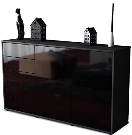 Stil.Zeit Kommode Sideboard, Aljoscha, Korpus anthrazit matt, Front Hochglanz Design Schwarz, (136x79x35cm), Push to Open Technik & Leichtlaufschienen