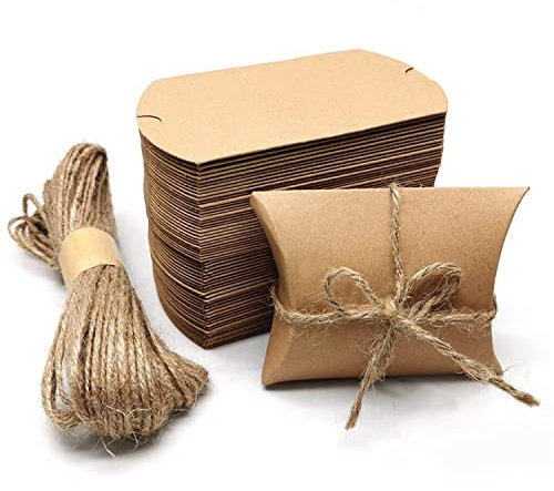 BallHull 60 Stück Kraftpapier Kissen Candy Box Faltbare Geschenkbox mit Juteseil für Hochzeit Party Geburtstag Urlaub