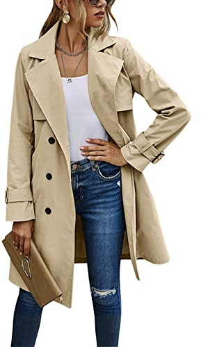 Minetom Damen Trenchcoat Zweireiher Langer Mantel Übergangsjacke Klassische Herbst Frühling Jacke Winddichter Übergangsmantel A Khaki XS