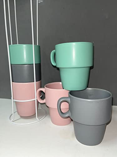 Tazas de Espresso con Soporte - Juego de 6 Tazas de cerámica - Apilables 36cc (multicolor)