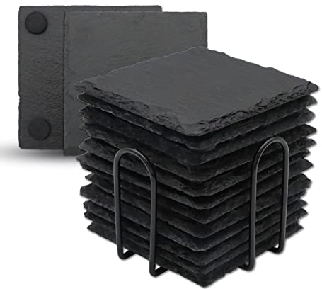VIBRATITE Schiefer Untersetzer, 12 Stück Glasuntersetzer eckig mit Halter, Schieferplatte 10,2 cm schwarz für Getränke, Glas, Tassen, Bar
