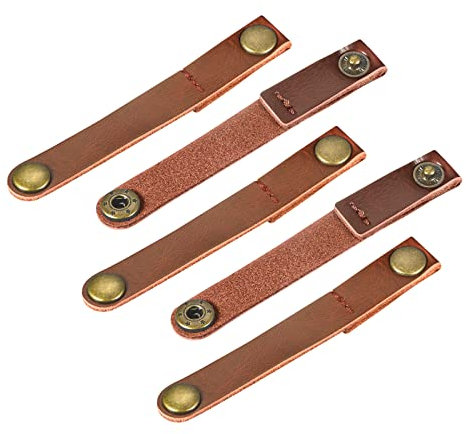 sourcing map Pack of 5 Leather Cable Straps Cord Organizer 90x12mm Portable Cable Leather Clips Light Brown Earphone Cord Management for Cable, Wire
