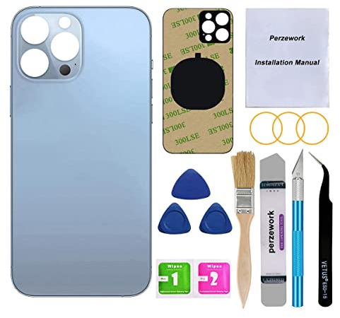 Perzework OEM Rear Cover Back Glass Replacement for iPhone 13 pro max 6.7 inch All Carriers with with Installment Manual and Professional Repair Tool Kits(Sierra Blue