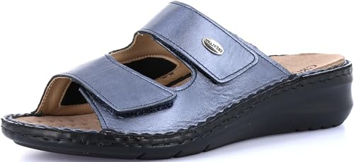 GRÜNLAND-DAMI-Komfort-Slipper aus Stretchmaterial mit Doppelriemen, Conforma-Sohle, herausnehmbarer Innensohle aus Kork und Leder und handgefertigten Nähten