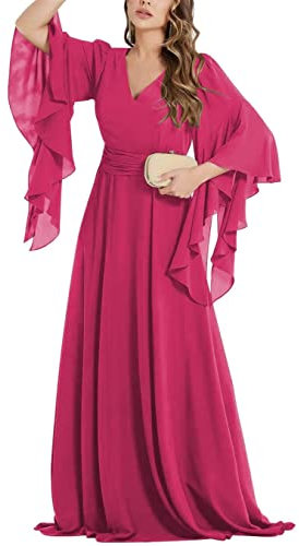 HPPEE Vestido de dama de honor de boda, manga larga, cuello en V, elegante, longitud hasta el suelo, vestidos de noche para baile de graduación para mujer, fucsia, 44