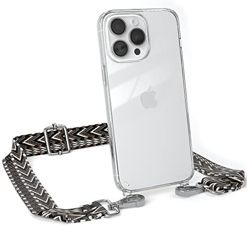 EAZY CASE Handykette - Verstellbarer Gurt kompatibel mit iPhone 14 Pro Max, Schulterriemen, Flache Kordel, Handykordel mit Hülle, Hülle mit Kette, Anthrazit/Schwarz - Metall Silber