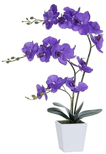 YSZL Faux Orchid in Vase Large Artificial Orchid in Ceramic Vase Silk Orchids with Stems Real Look Potted Phalaenopsis Flowers Arrangement Centerpiece Table Decorations for Home Decor Indoor, Purple