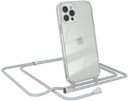 EAZY CASE - Handy Chain - kompatibel mit iPhone 12/12 Pro, Handykette Tasche transparent, Stoßfeste Soft Silikon TPU, Stylische Kette mit Hülle für Smartphone, Grau/Weiß mit Verschlüssen in Silber