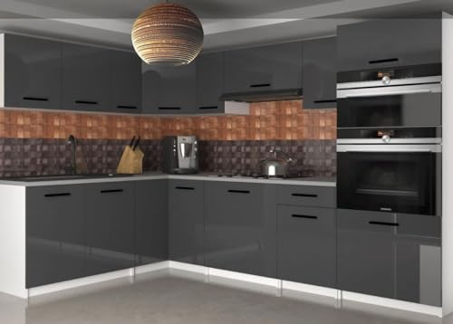 NAKA Eckküche L-Form Küchenschrank-Set 420cm Küchenzeile Arbeitsplatte Küchenblock 3X Küchenunterschrank 6X Hängeschrank 1x Spülenunterschrank 1x Hochschrank Hochglanz Grau