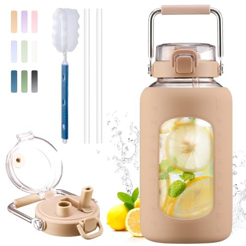 BLUEGO 2500ml Bouteille d'eau en verre avec poignée en acier inoxydable 2,5L Grande Gourd avec marqueurs de temps et manchon en silicone Carafe à eau Sans BPA pour sport, Ambre