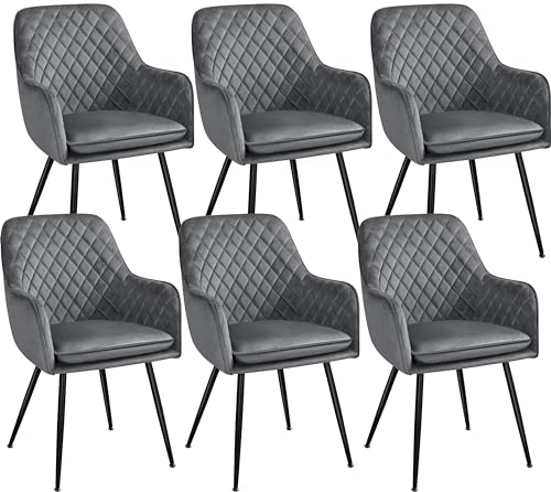 Yaheetech Esszimmerstühle 6er Set Küchenstühle, Polsterstühle mit Armlehnen Metallbeine, Seesel aus Samtstoff für Arbeitszimmer/Wohnzimmer, Dunkelgrau