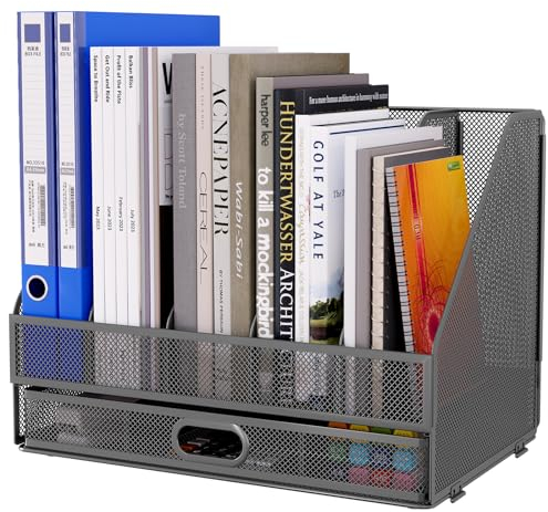 EasyPAG Desktop Metal A4 Magazine File Holder Mesh Desk Tidy Office Literature Document Ring Binder Paper Organiser Filing Rack with Drawer,5 Compartments,Silver