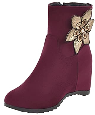 IQYU Stivali da donna con gambo largo, stivali casual per le donne, stivali in pelle scamosciata con decorazione floreale, stivaletti da donna alti, stivali corti con zeppa alta, Vino, 40 EU
