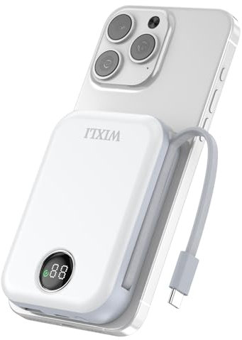 WIXLI Wireless Portable Charger, 10000mAh Magnetic Power Bank PD 20W Fast Charging Built in Type-C Output Cables Mag-Safe Battery Pack Compatible for iPhone 15/14/13/12 Pro/Mini/Pro Max (White)