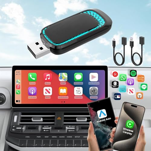 Adaptador Apple CarPlay para iPhone, 2024 Actualización 2 en 1 Adaptador CarPlay y Android Auto, Auto-Connect, Diseño de ventilación térmica, Adaptador inalámbrico Car Play para Coche CarPlay