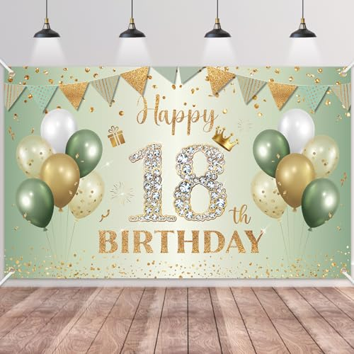 18.Geburtstag Banner Grün Gold,BTZO 18.Geburtstagsbanner,Deko 18 Geburtstag Dekoration Banner Hintergrund für 18 Mädchen und Jungen Geburtstagsfeier Deko