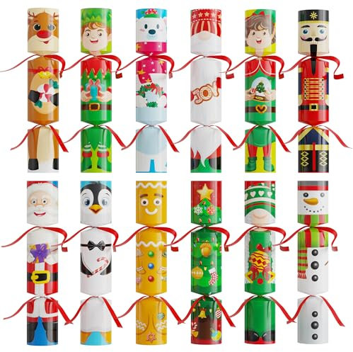 D-FantiX 12 Stück Christmas Crackers No-Snap Party Tischgeschenke, mit Party Hüte Scherz kleine Geschenke für Kinder Erwachsene, niedlich Weihnachten Charakter Design