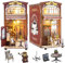 TOPBSFARNY DIY Book Nook Kit, Cafe Mini 3D Architektonisches Modell Holz Snap Fit Buchständer mit Möbeln und LED-Lichtern, Miniatur-Puppenhaus-Kits für Erwachsene