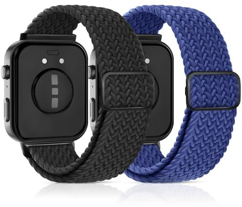 2-Stück Geflochtenes Bänder Kompatibel mit Huawei Watch Fit 4/4 Pro/Fit 3 Armband, Elastisch Nylon Armbänder Zubehör Weiches Stoff Uhrenarmband für Damen Herren,Schwarz+Blau
