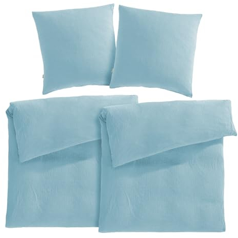 Pure Label Musselin Bettwäsche 155x220 4-teilig bestehend aus Bettbezug 155 x 220 cm 2er Set, Kissenbezug 80x80 cm 2er Set aus Baumwolle - Traumhaft kuschelige Bettwäsche-Sets in blau