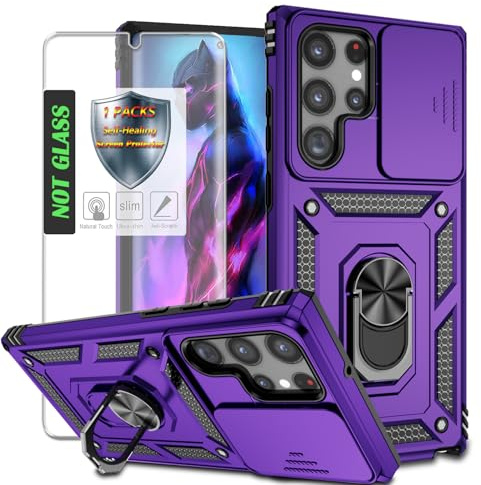 AYMECL for S22 Ultra Case,with Slide Camera Cover,1Pcs Self-Healing Screen Protector,Heavy Duty Shockproof Protective Case with Magnetic Kickstand for Samsung Galaxy S22 Ultra 5G,Purple