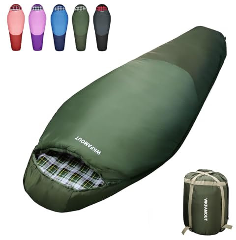 WKFAMOUT Mumienschlafsack Outdoor -12℃-0℃ [500GSM] Schlafsack Flanell 3-4 Jahreszeiten Tragbar Winter Maschinenwaschbarer Schlafsäcke für Erwachsene Kinder Camping Reisen 220x90CM Olive