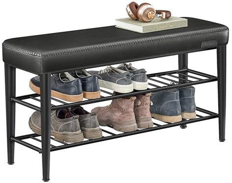VASAGLE EKHO Kollektion - Schuhbank, Sitzbank, Sitztruhe, Eingangsbereich, Kunstleder, Nähte, Mid-Century-Modern-Stil, modern, bis 135 kg belastbar, 30 x 100 x 50 cm, tintenschwarz LSB113B01
