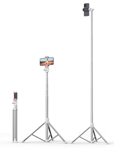 71'' Phone Tripod Stand, Extendable Reinforced Aluminum Phone Stand with Wireless Remote, Stable Cellphone Tripod Compatible with iPhone 14/13/12 Galaxy S23/S22 Huawei (White)