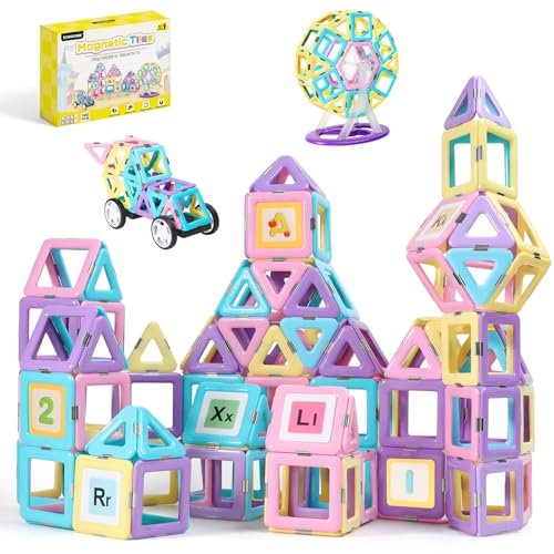 ECHOCUBE Magnetische Bausteine, 120 Teile Magnetische Kacheln mit Magnet Räde Set für Kinder ab 3 Jahre, Magnet Spielzeug für Mädchen Jungen Weihnachten Geburtstag Geschenk
