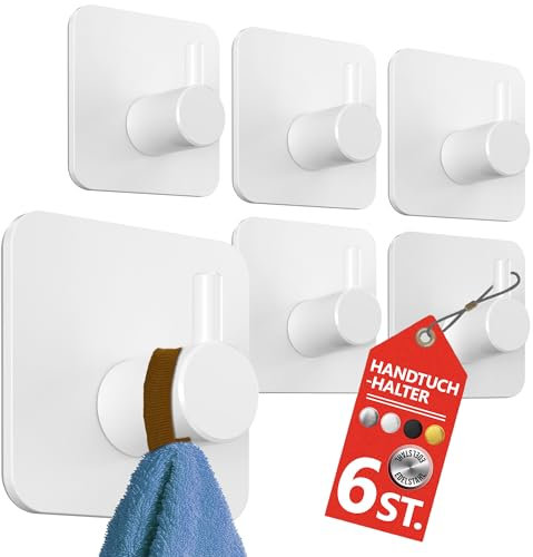 4smile Handtuchhalter ohne Bohren, 6 Stück in Weiß - Wasserfeste Badezimmer Handtuchhalter, Edelstahl Haken, Klebehaken für Bad, Küche - Extra-starke Haken selbstklebend, Handtuchhaken