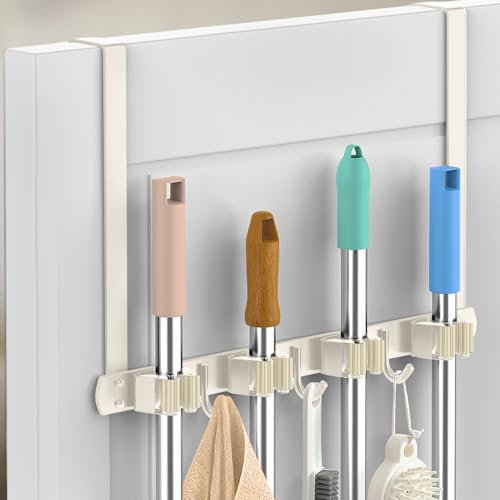 Broom Holder Over The Door - 304 Stainless Steel Mop and Broom Holder Wall Mounted or Hanging Over The Door with Hooks - Broom Hanger, Broom Storage Tool Organizer for Closet Laundry - White